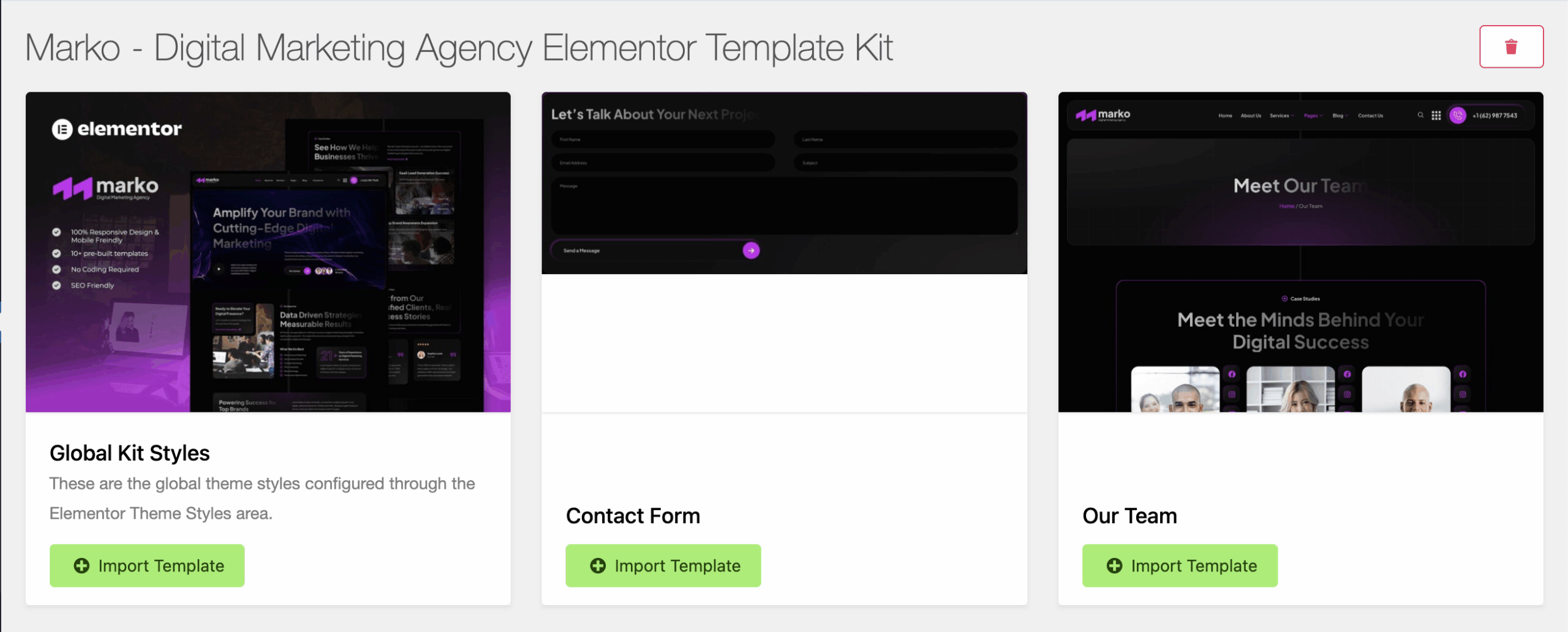 Screenshot showing the process of importing Global Kit Styles in ElementorKit, including color palettes, typography, and global design settings.