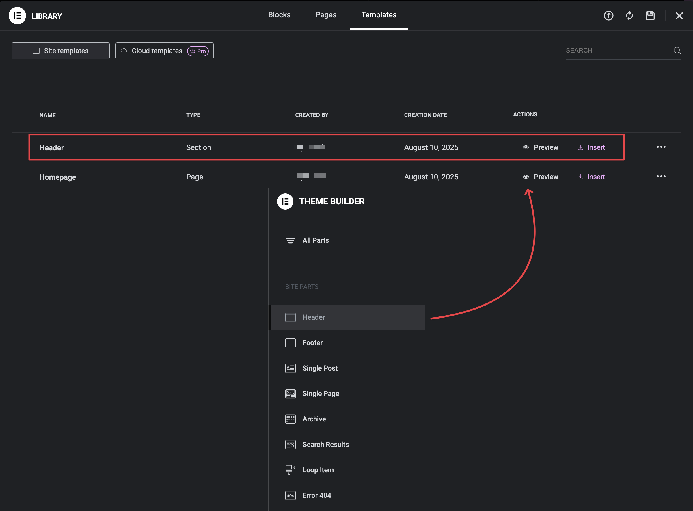 Screenshot showing how to import the header and footer from an ElementorKit template kit to apply consistent global design across WordPress pages.