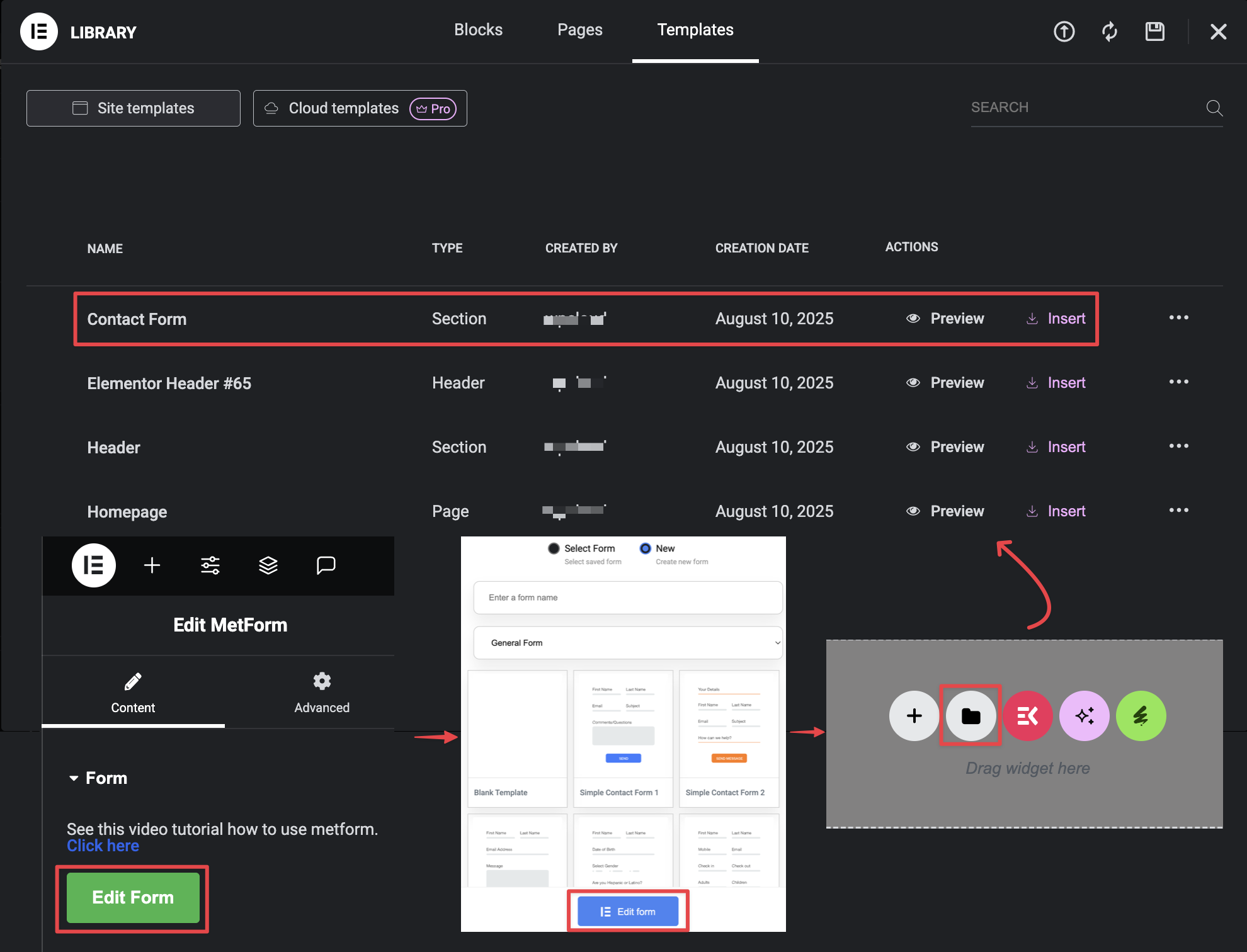 Screenshot showing how to import MetForm forms from an ElementorKit template kit and integrate them seamlessly into WordPress pages.