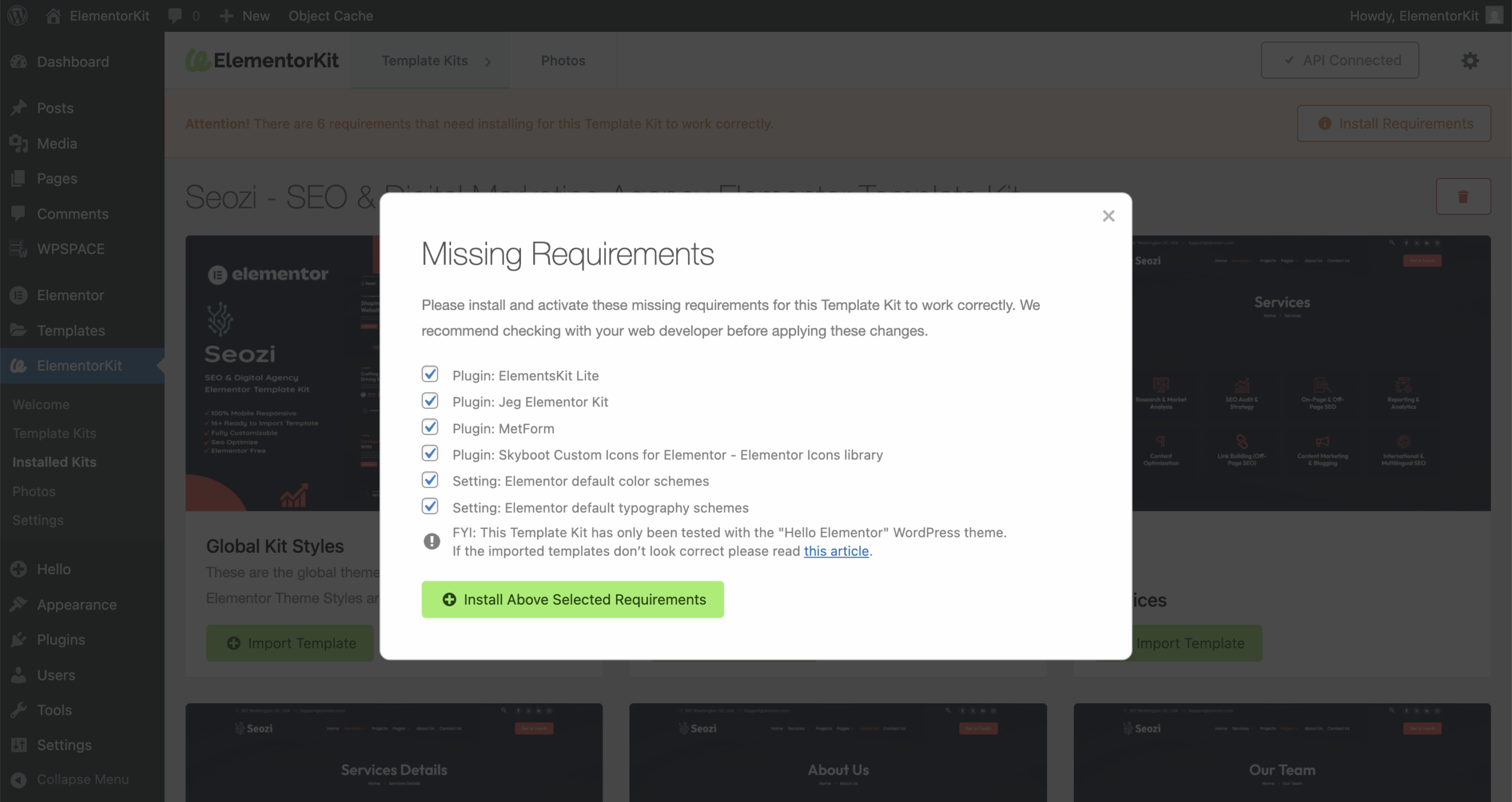 Screenshot of the ElementorKit install requirements page displaying plugin dependencies before installation.